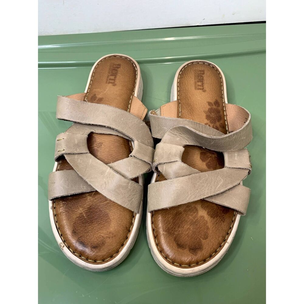 Born Bira Taupe Laser Cut Open Toe Slip-on Leather Sandals Size 9